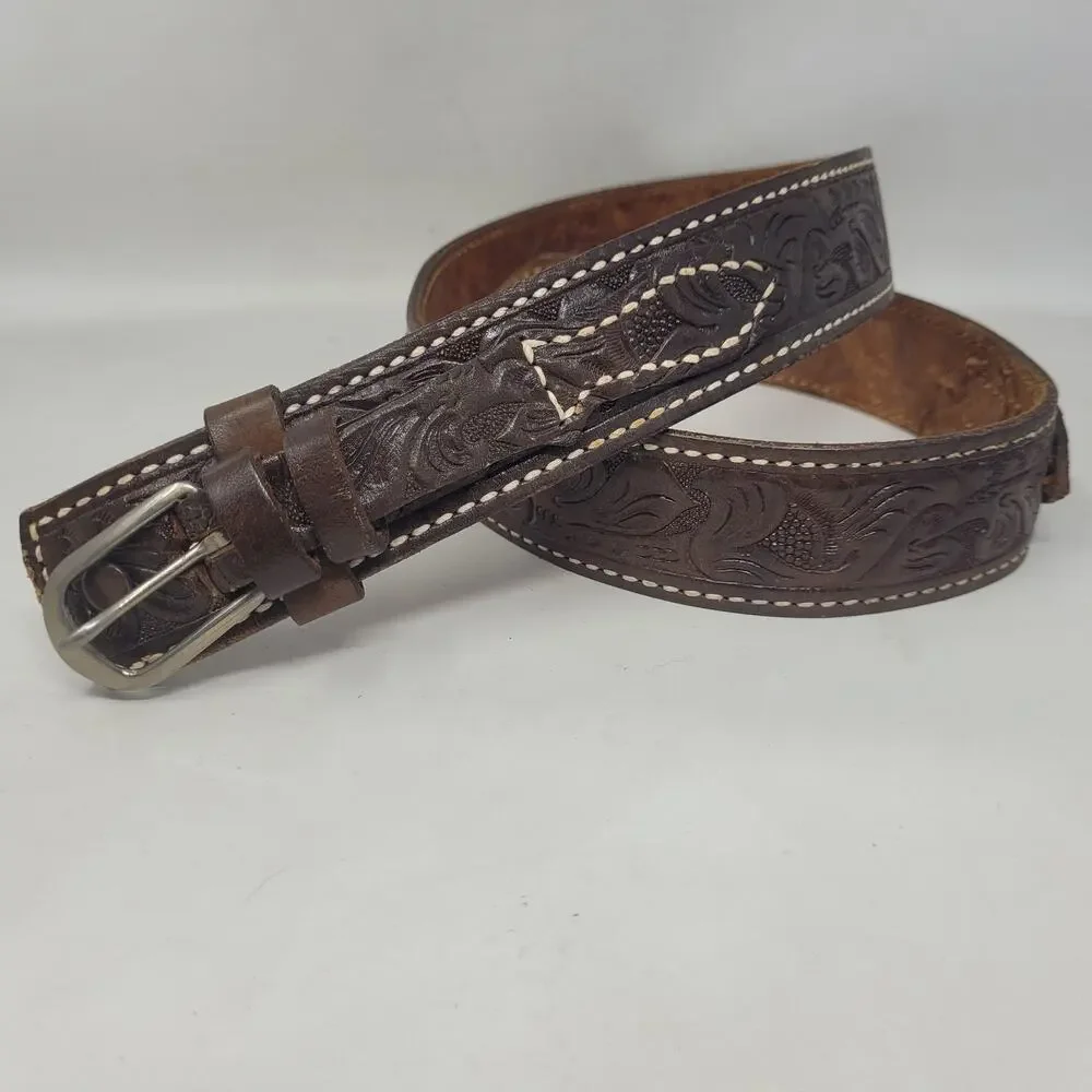 Brown Leather Belt Mens 36 Tooled Western‎ Cowboy Floral Rodeo Ranch Americana